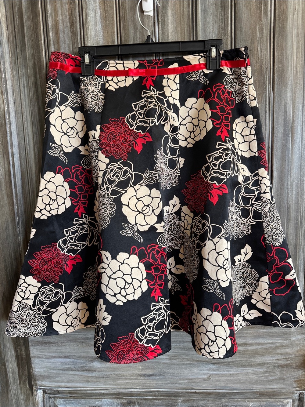 Floral A-Line Skirt in Black, Cream & Red
